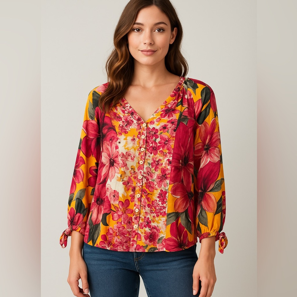 FIG & FLOWER  Anthropology Rayon Button Front Blouse Medium Boho Bright Romantic